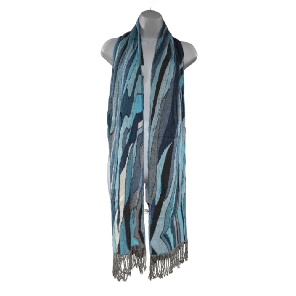 Tolani Blue Black Colorful Long Fringe Scarf